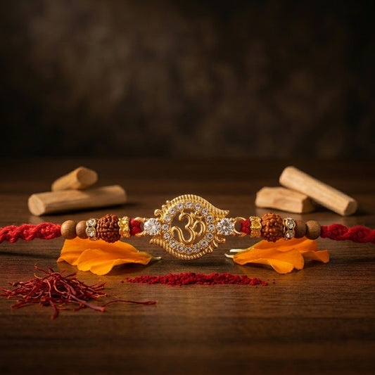 Ornate Om Stone-Studded Rudraksha Rakhi