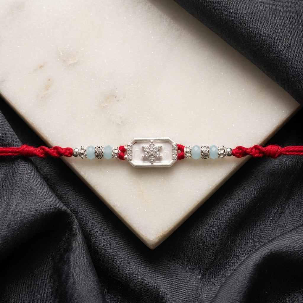 Star-Embossed German Silver-Tone Enamel Rakhi