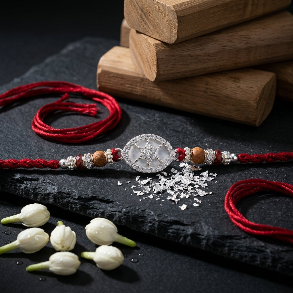 Star-Embossed Silver-Tone and Rudraksha Rakhi