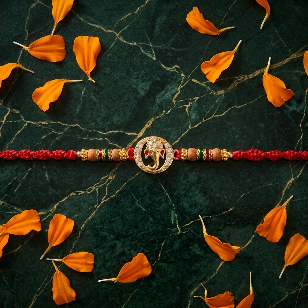 Circular Ganesha Stone-Studded Rudraksha Rakhi
