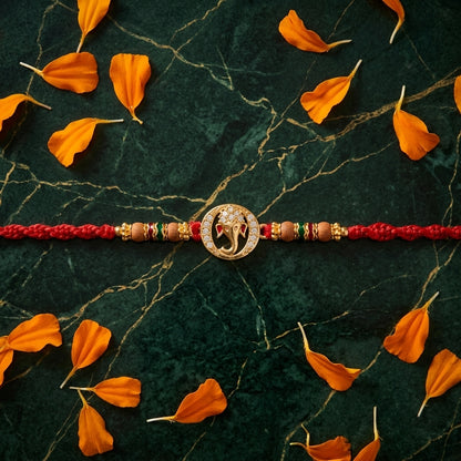 Circular Ganesha Stone-Studded Rudraksha Rakhi