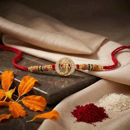 Circular Ganesha Stone-Studded Rudraksha Rakhi