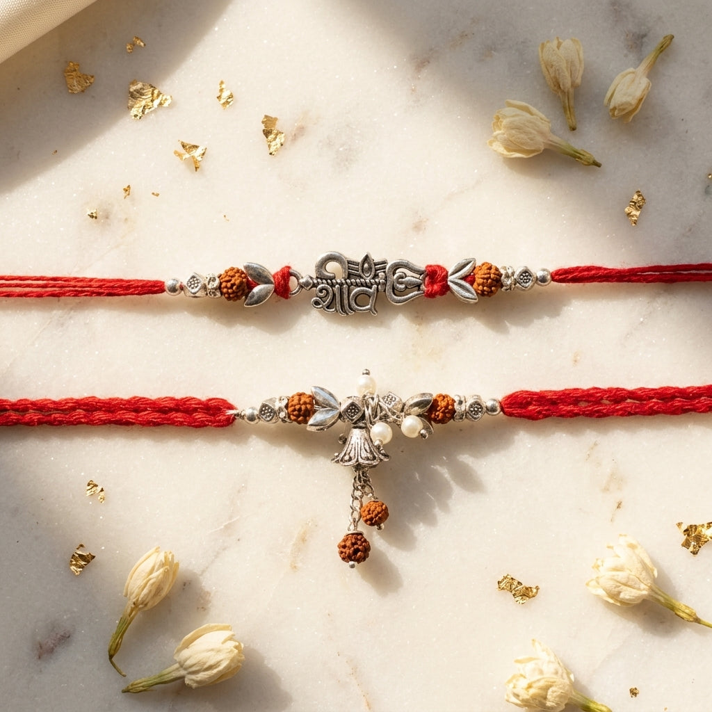 Silver-Tone Shiva Bhai Bhabhi Rakhi Set