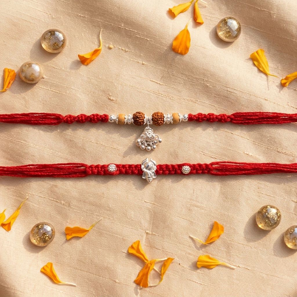 Silver-Tone Ganesha Bhai  Bhabhi Rakhi Duo Set