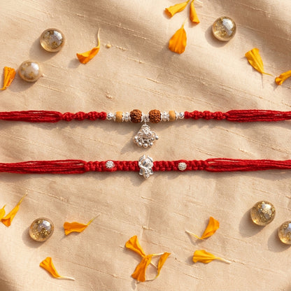 Silver-Tone Ganesha Bhai  Bhabhi Rakhi Duo Set