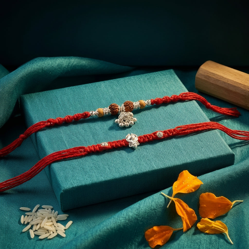 Silver-Tone Ganesha Bhai  Bhabhi Rakhi Duo Set