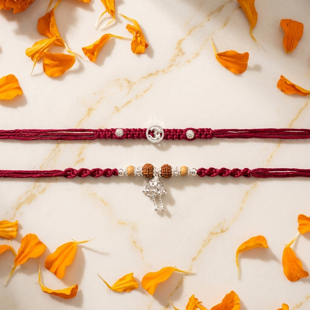Silver-Tone Om Bhai Bhabhi Rakhi Set