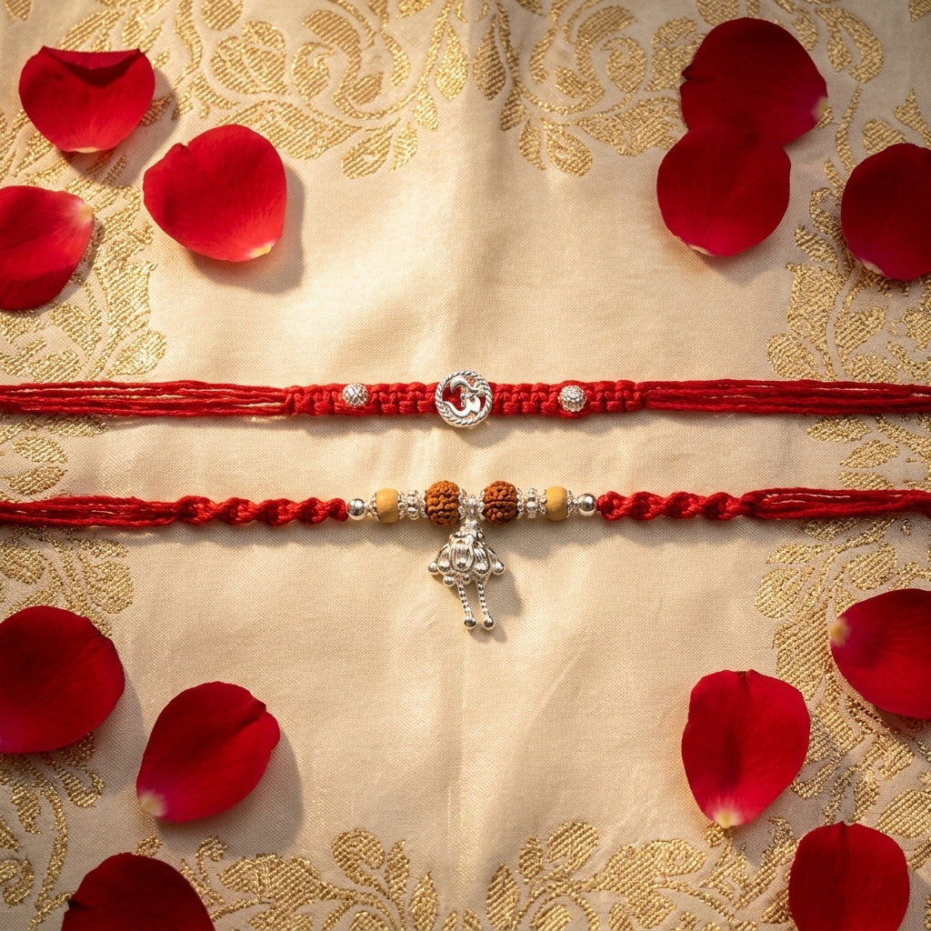 Silver-Tone Om Bhai Bhabhi Rakhi Set