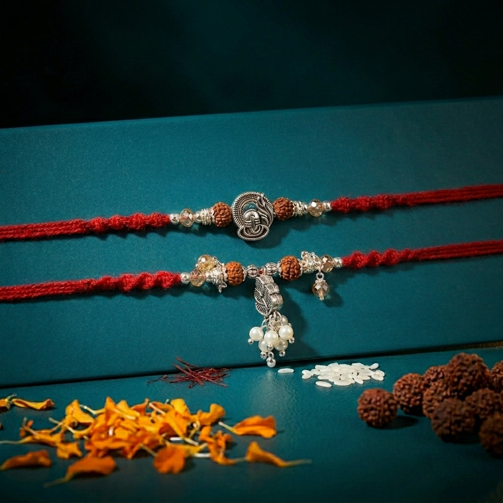 Ornate Silver-Tone Bhai Bhabhi Rakhi Duo