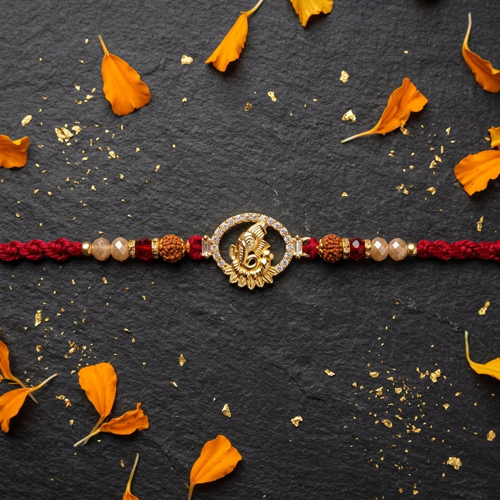 Gold tone Ganesha Crystal Rakhi