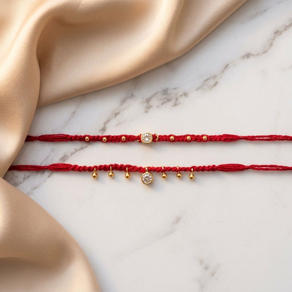 Minimalist Crystal and Gold-Tone Bhai Bhabhi Rakhi Duo
