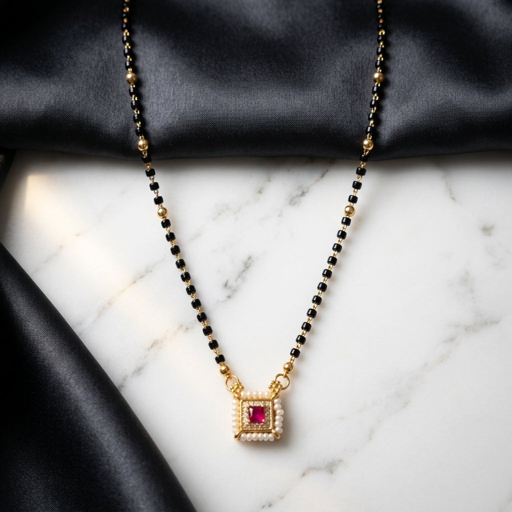 Emerald Pearl Square Pendant Mangalsutra for Women
