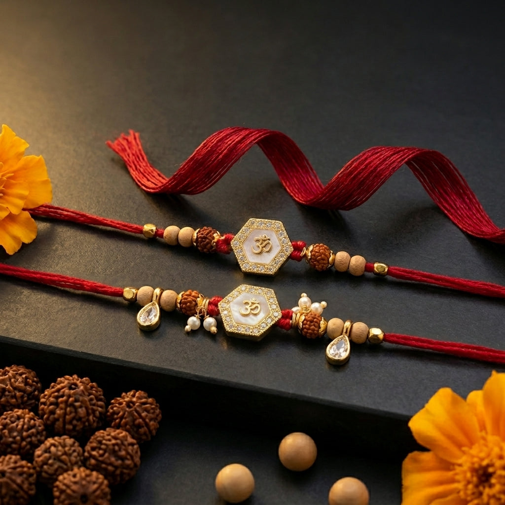 Hexagonal Om Bhaiya Bhabhi Rakhi Duo