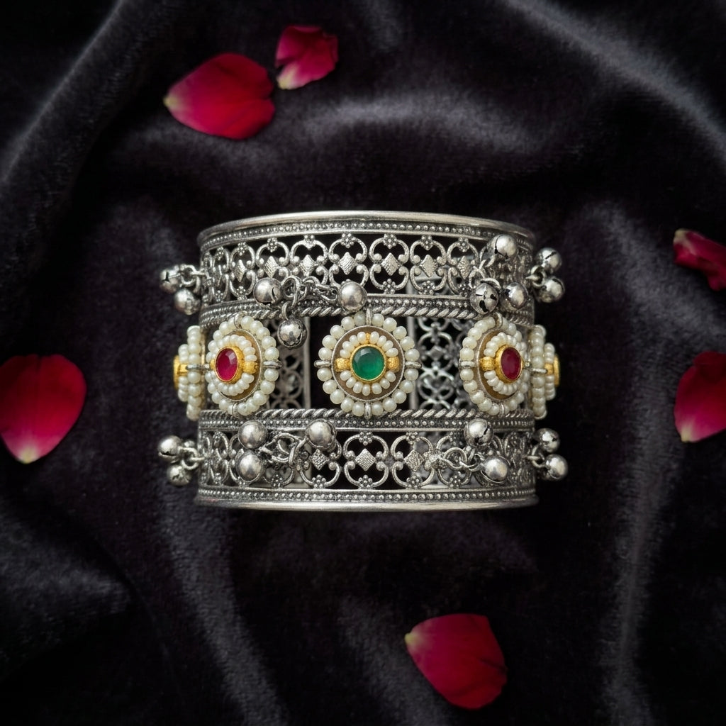 Antique German Silver Gemstone Jhumki Cuff