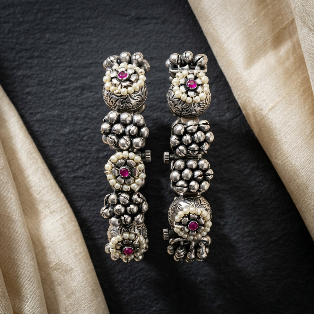 2PC Loose Openable German Silver Floral Bracelet