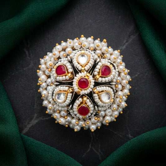 Floral Kundan & Pearl German Silver Ring