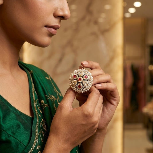 Floral Kundan & Pearl German Silver Ring