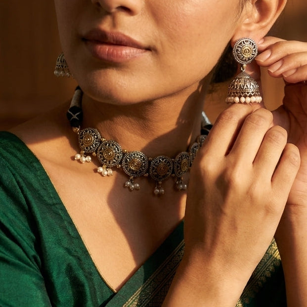 German Silver Temple Jewelry Choker Set