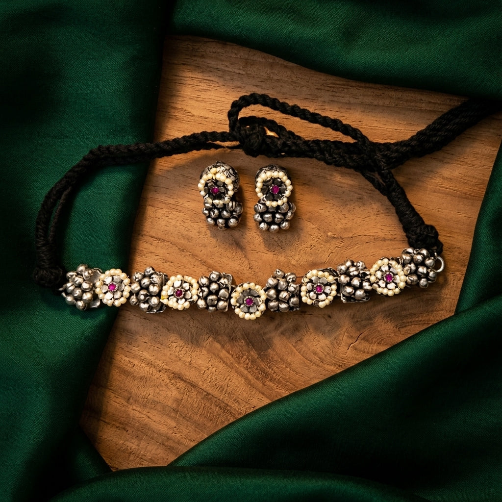Artisanal German Silver Floral Choker Set