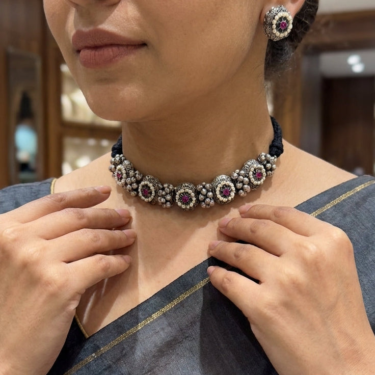 Artisanal German Silver Floral Choker Set
