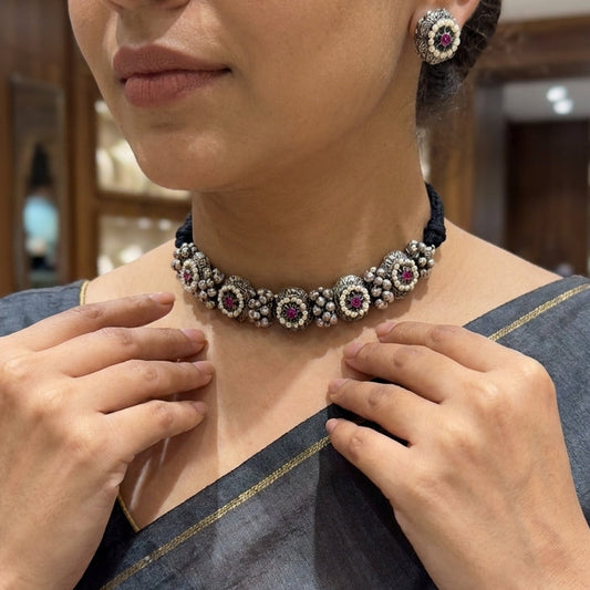 Artisanal German Silver Floral Choker Set