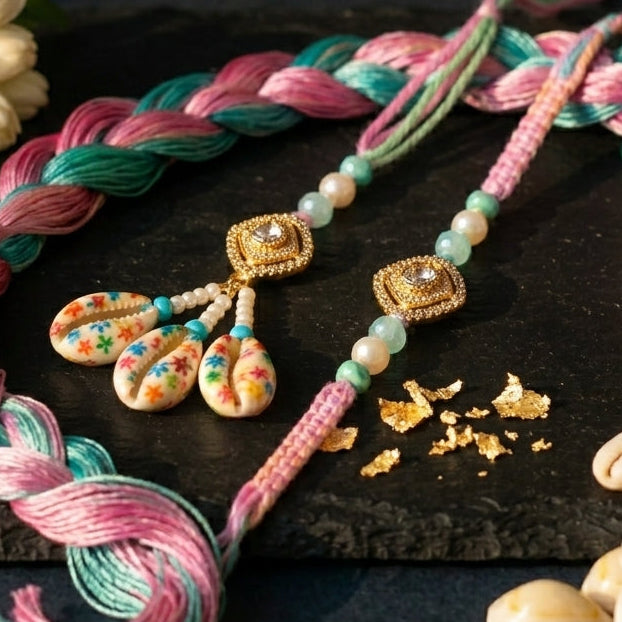 Multicolor Thread Cowrie Shell Bhai Bhabhi Rakhi Set