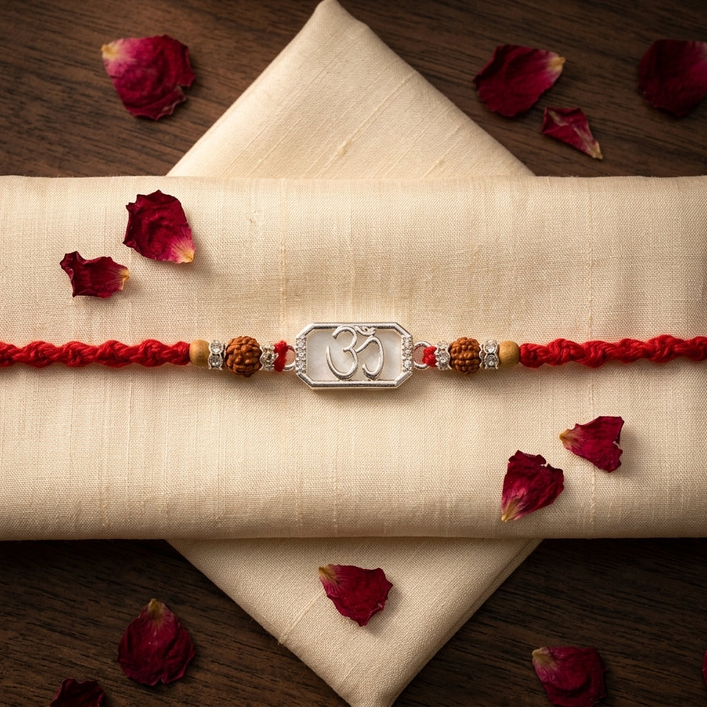 Elegant Silver Om Rakhi with Rudraksha Beads