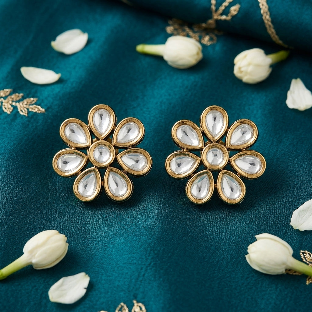Elegant Floral Kundan Stud Earrings