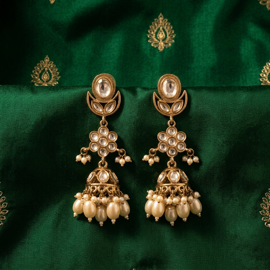 Floral Kundan Jhumka Earrings in Antique Gold