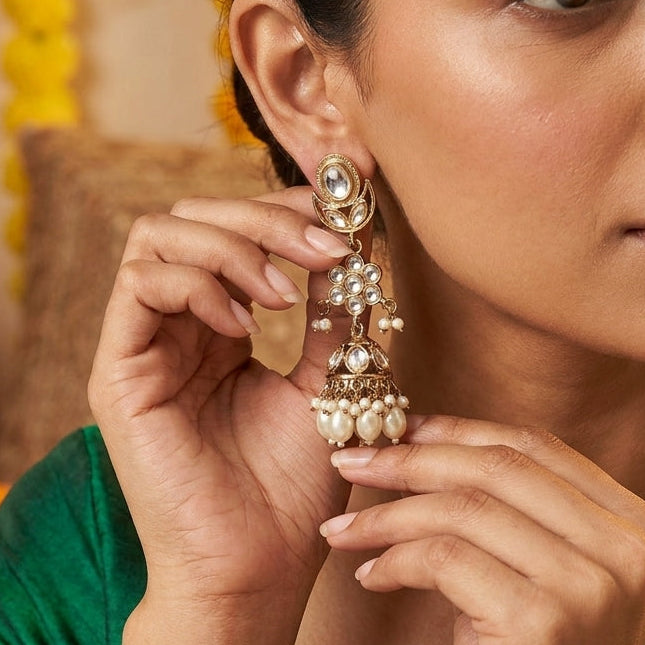 Floral Kundan Jhumka Earrings in Antique Gold