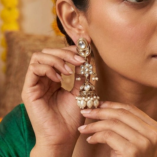Floral Kundan Jhumka Earrings in Antique Gold