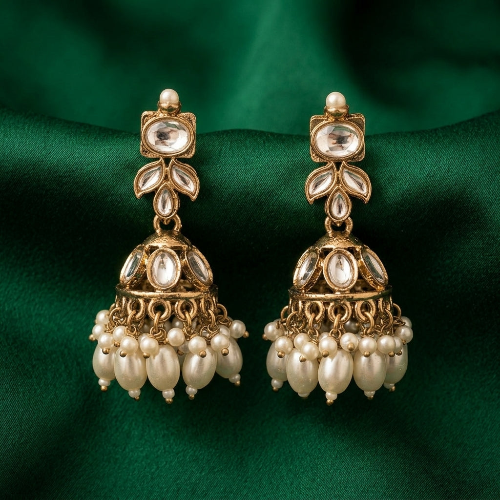 Elegant Leaf-Motif Kundan Jhumka Earrings