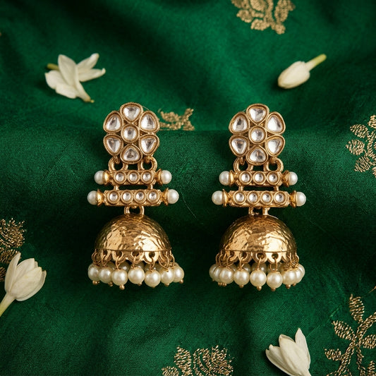 Antique Gold Tone Floral Kundan Jhumkas