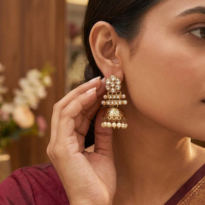 Antique Gold Tone Floral Kundan Jhumkas