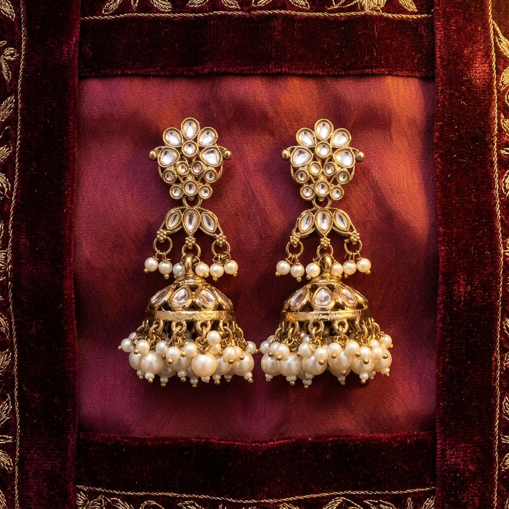 Royal Kundan and Pearl Tiered Jhumka Earrings