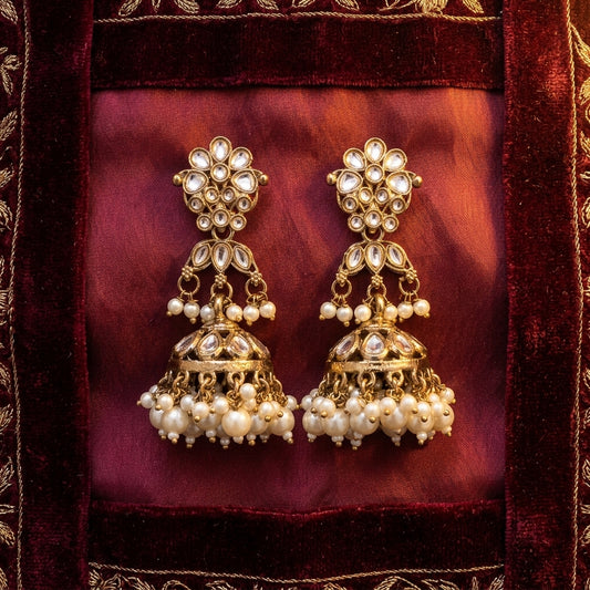 Royal Kundan and Pearl Tiered Jhumka Earrings