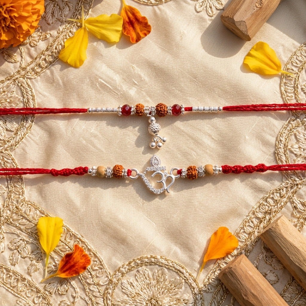 Sacred Silver-Tone Om Bhai Bhabhi Rakhi