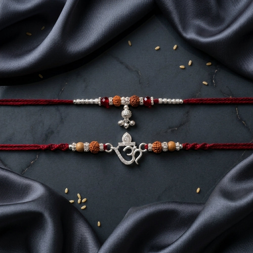 Sacred Silver-Tone Om Bhai Bhabhi Rakhi