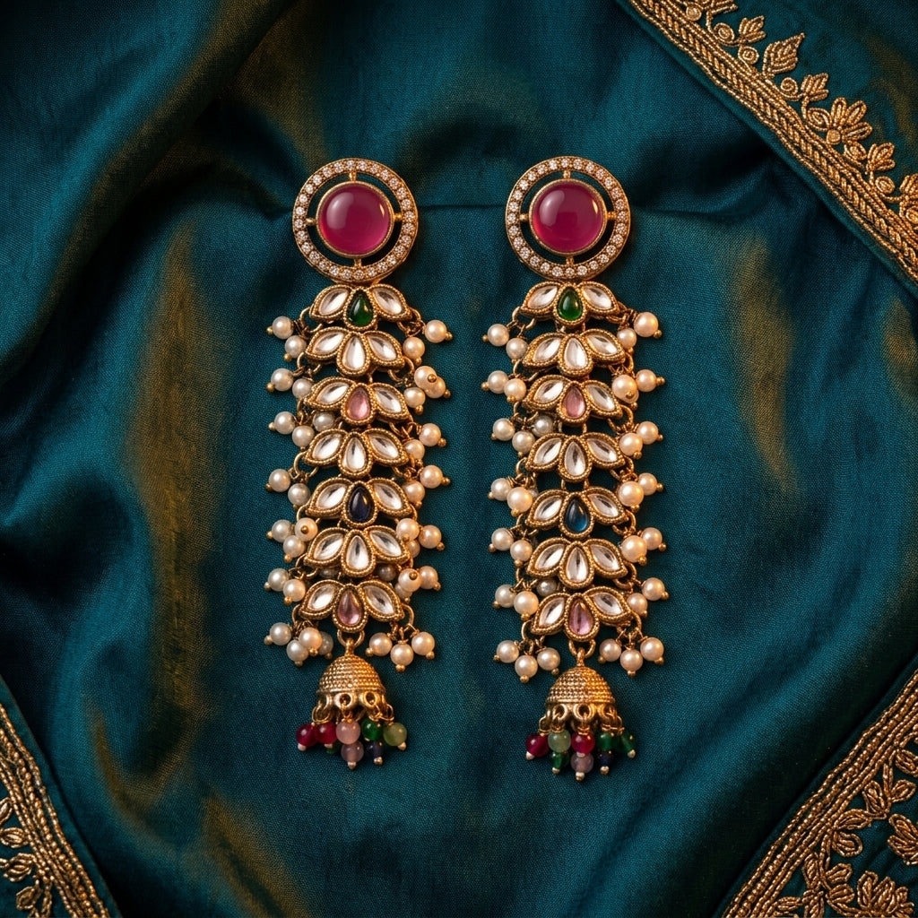 Regal Kundan & Pearl Long Earrings