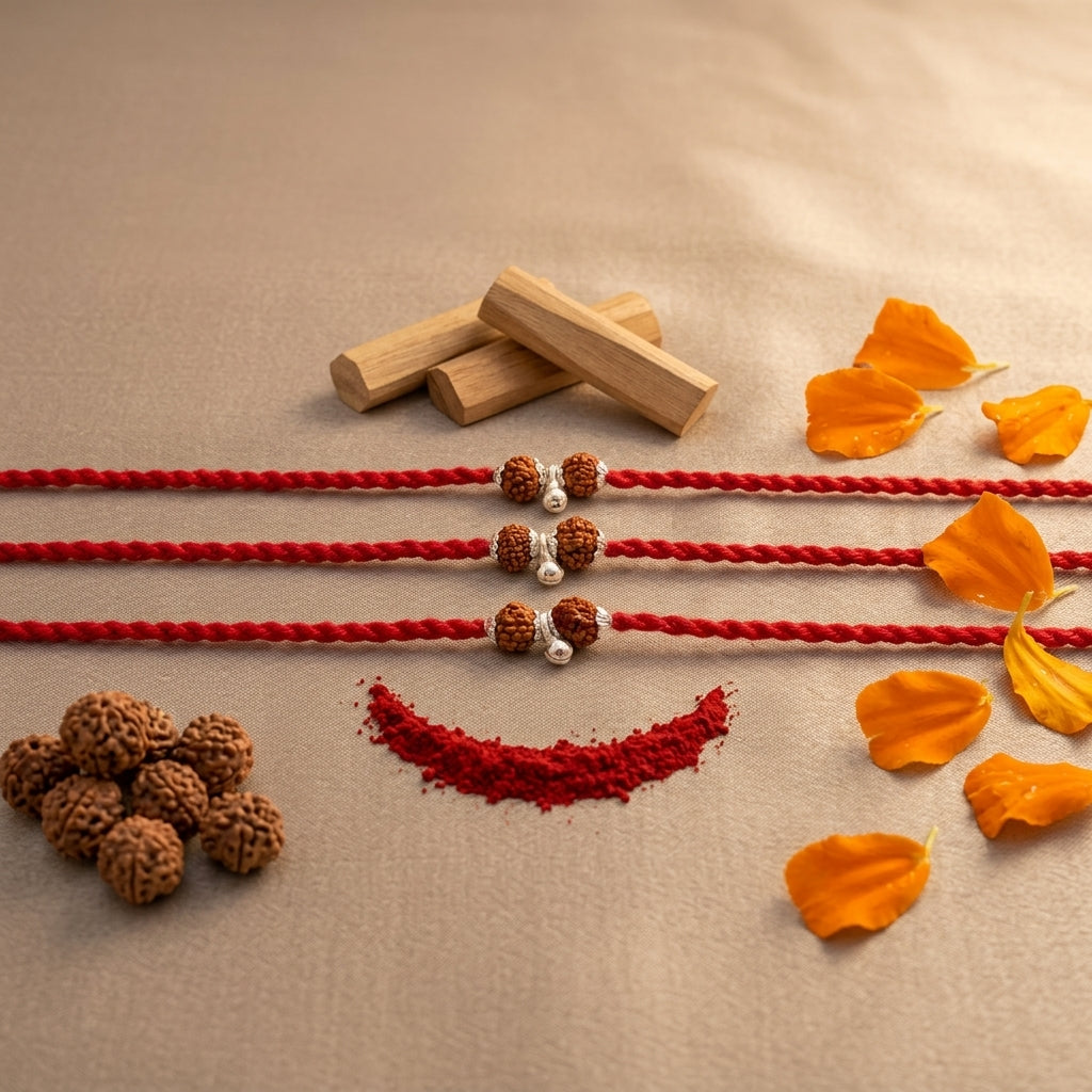 3 PC Rudraksha Silver-Tone Rakhi