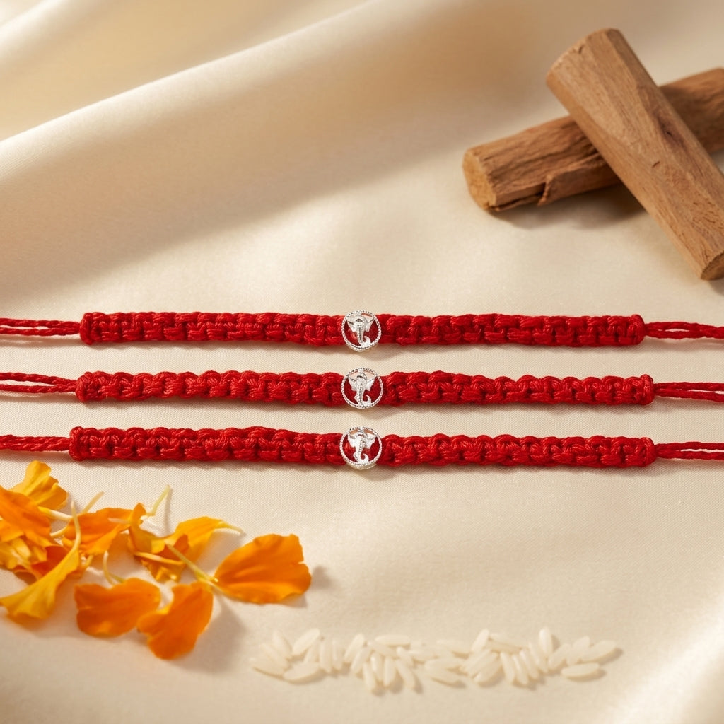 3PC Ganesha Silver-Tone Minimalist Rakhi