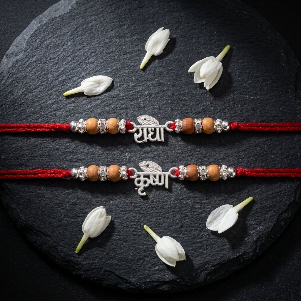 Radha-Krishna Silver-Tone Bhai Bhabhi Rakhi