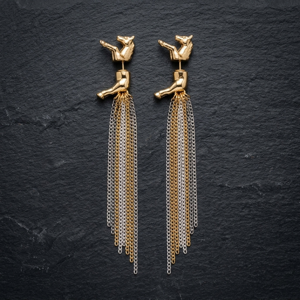 Sculptural Horse-Inspired Two-Tone Chain Drop Earrings