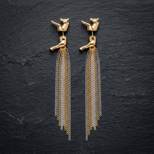 Sculptural Horse-Inspired Two-Tone Chain Drop Earrings