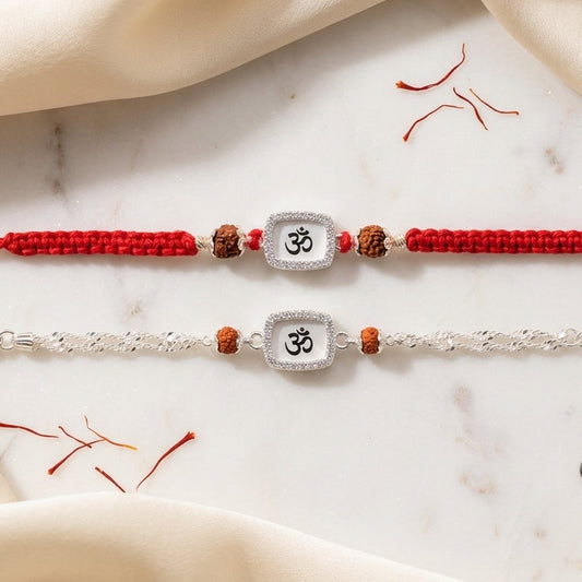 Divine Om Square Silver-Tone Bhai Bhabhi Rakhi