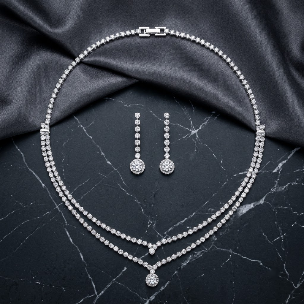 Layered Crystal Tennis Necklace & Drop Earrings Set | Lady Zone