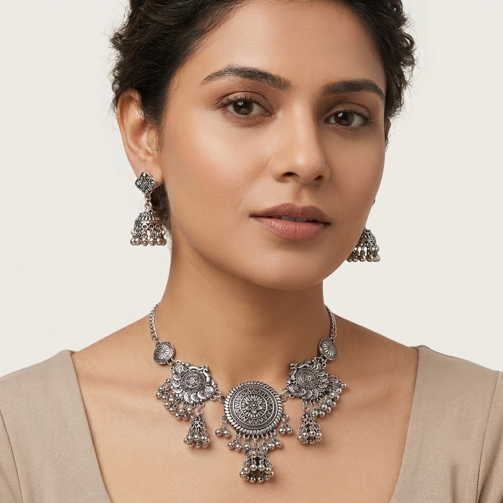 Oxidized Mandala & Jhumki Statement Necklace Set | Lady Zone