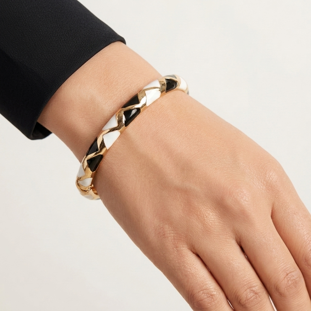 Geometric Mosaic Enamel Gold-Finish Bangle | Lady Zone