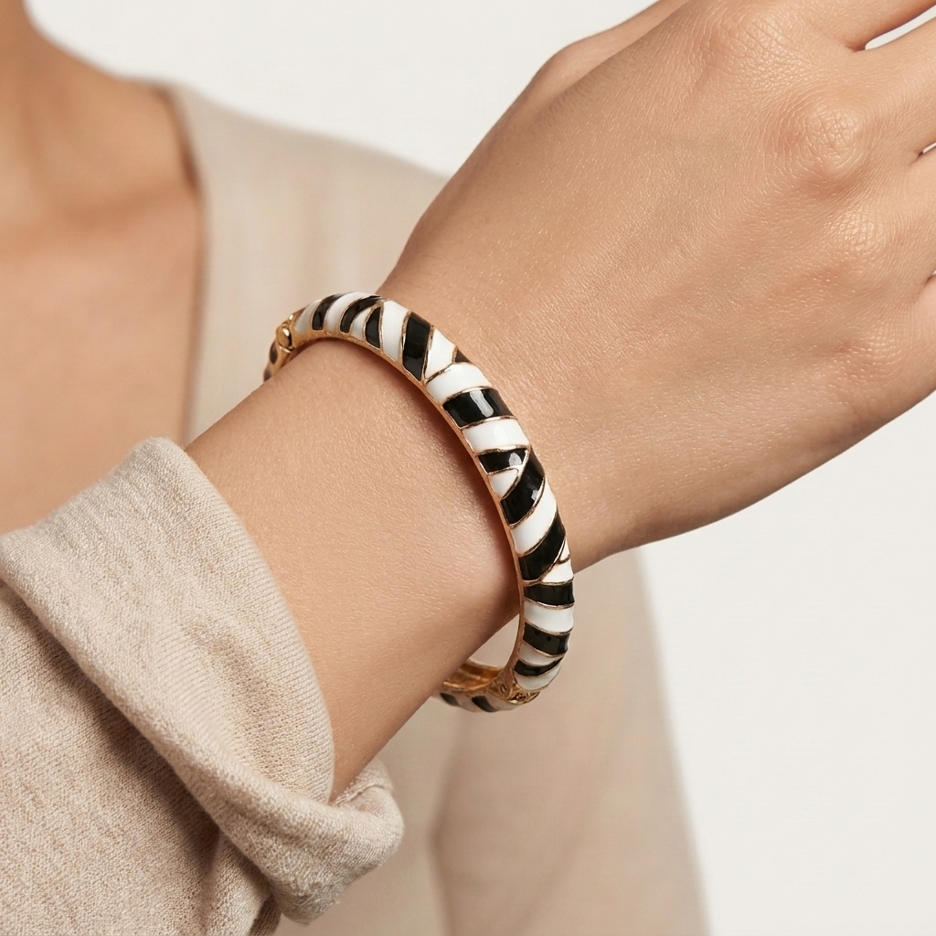 Monochrome Zebra Striped Gold-Finish Bangle | Lady Zone