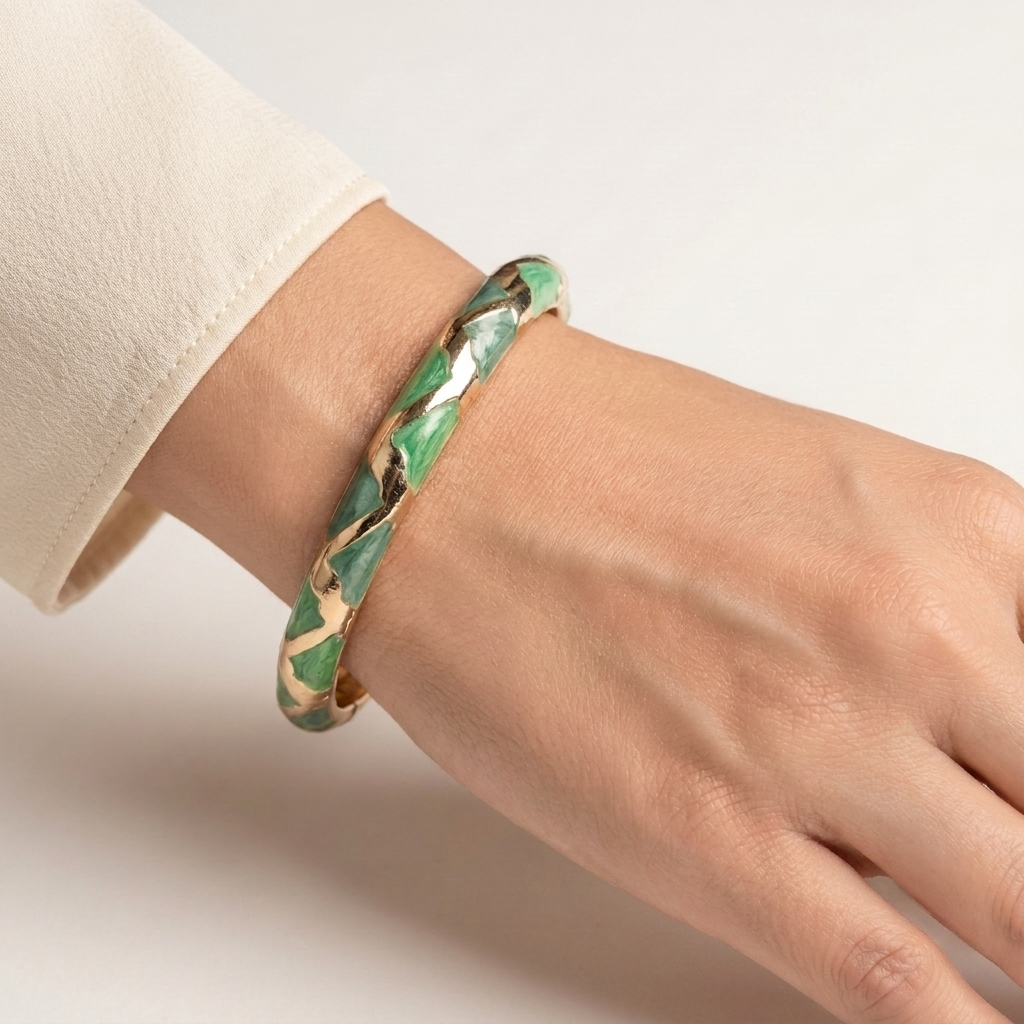 Geometric Mosaic Enamel Gold-Finish Bangle | Lady Zone